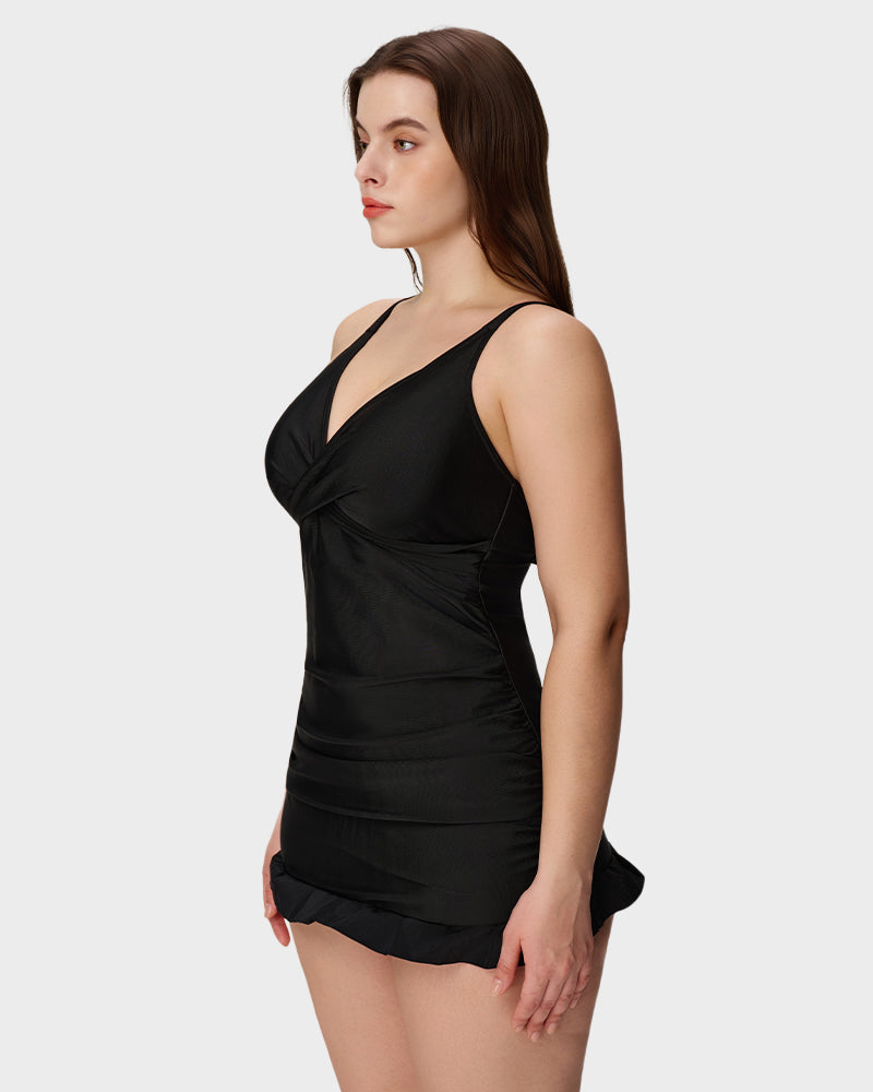 Deep V Cross-Back Ruched One-Piece Swimsuit